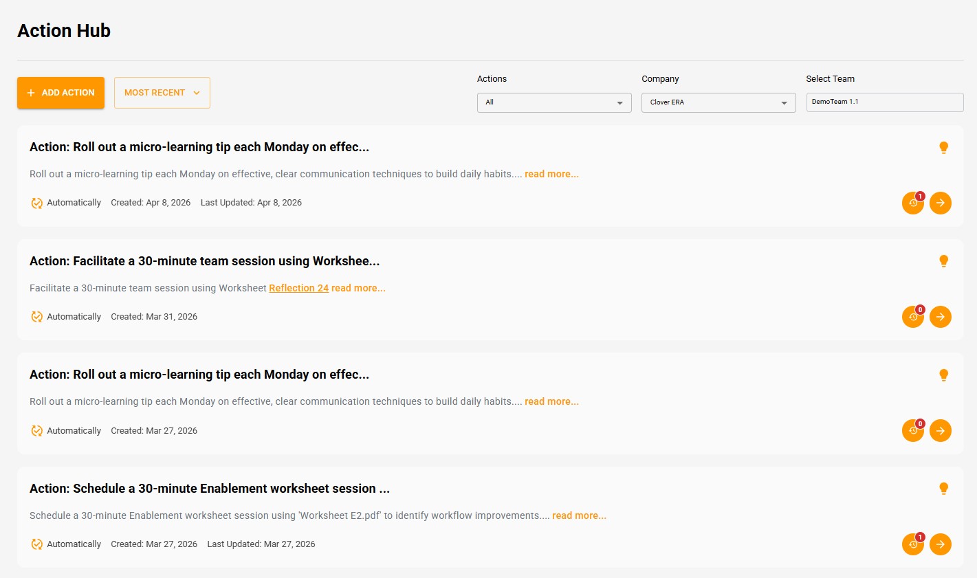 The Action Hub showing a list of actions across teams: a micro-learning tip rollout, a 30-minute team session, a worksheet session, with creation dates and per-action progress indicators.