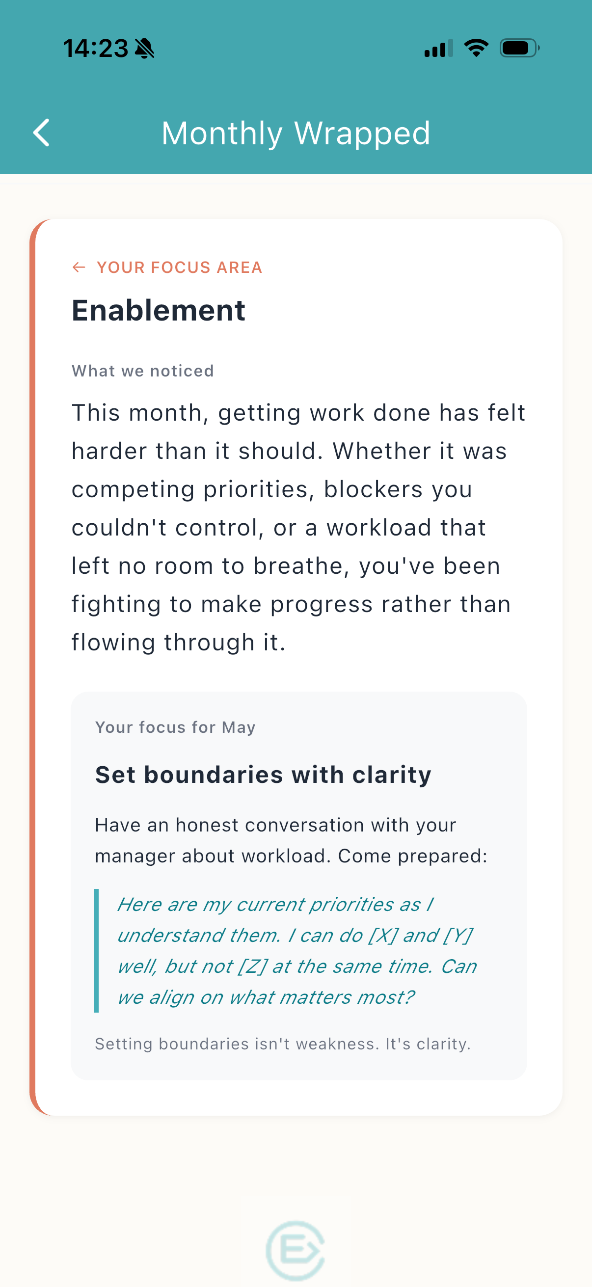 Monthly Wrapped Focus area for Enablement, with the suggested focus 'Set boundaries with clarity' and the language to use with a manager.